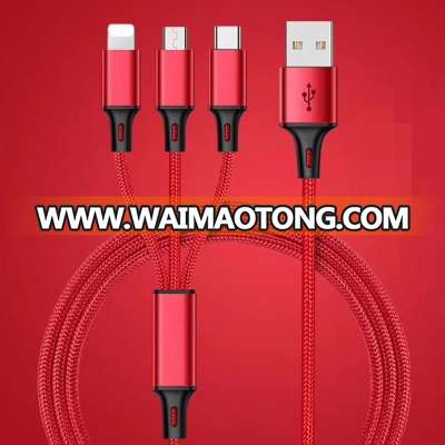 Custom Logo 3 in 1 Multi Nylon Braided Charger Cable Type C Mobile Phone Fast Charging USB Multiple Connector For iphone huawei